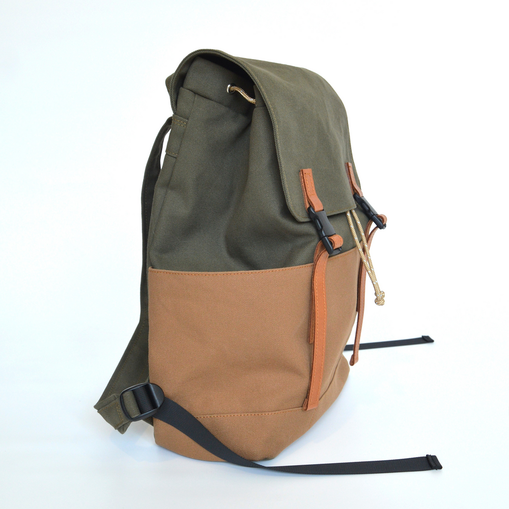 Green and brown backpack on a white background