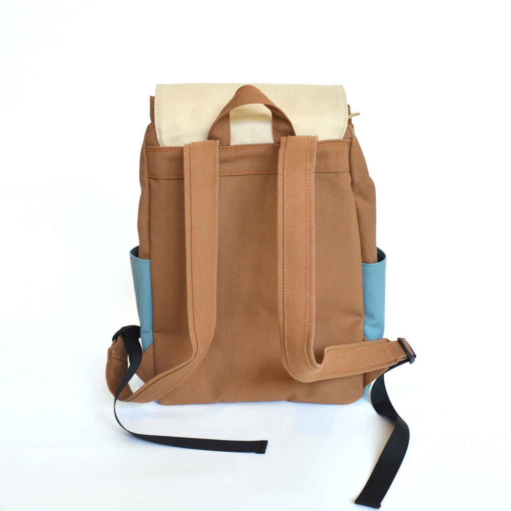 Brown backpack with blue accents on a white background