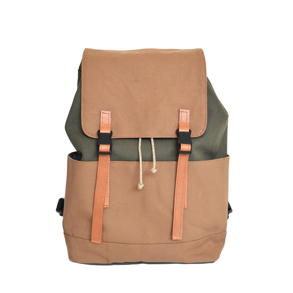 Two-tone brown and green backpack on a white background