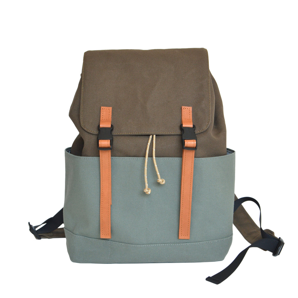 Two-tone backpack with brown top section and green bottom section on a white background