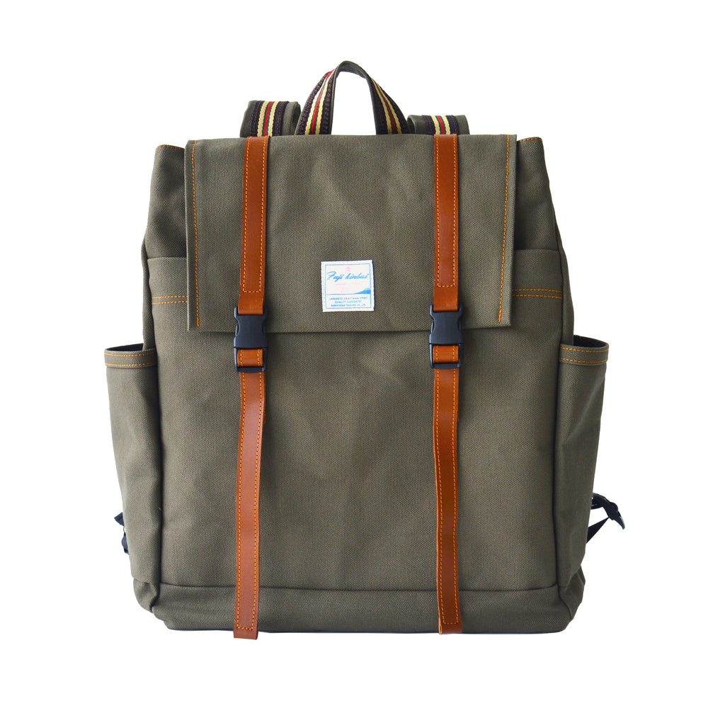 Dark green backpack with brown straps on a white background