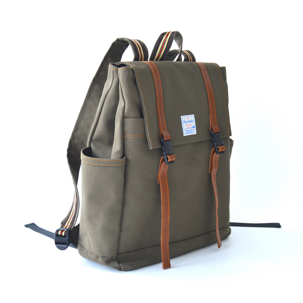 Green backpack with brown straps on a white background