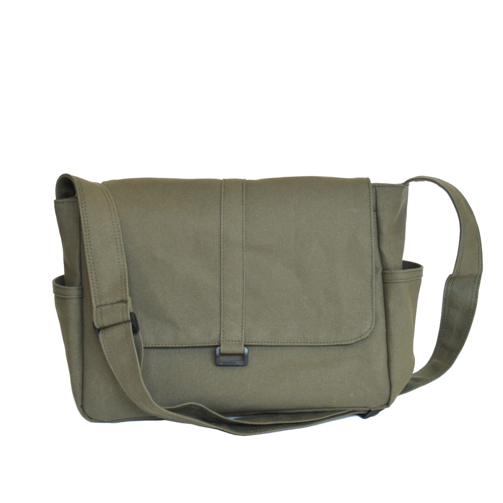 Green messenger bag on a white background