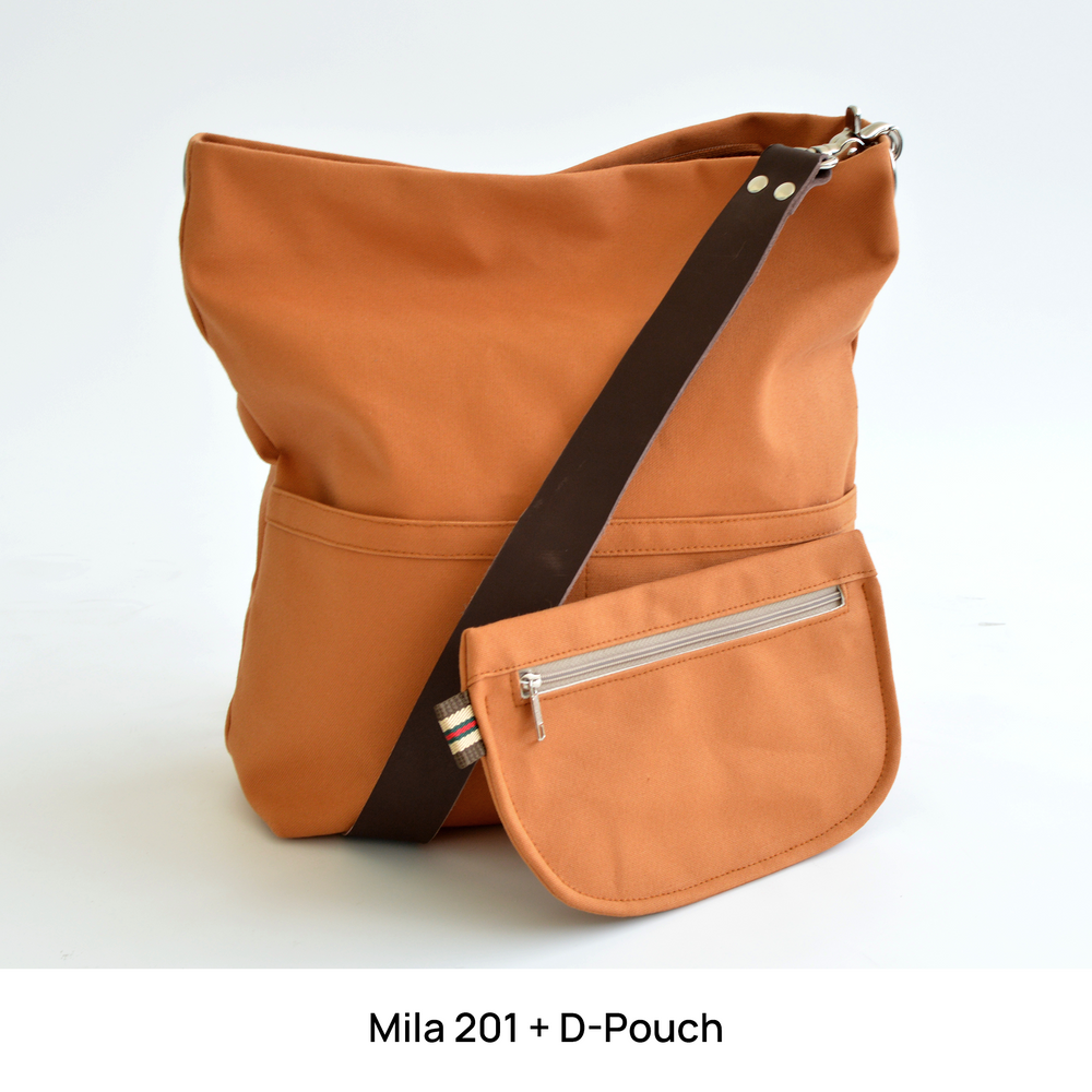 Orange shoulder bag with matching zipper pouch on a white background