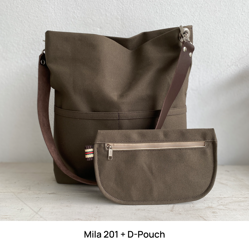 Brown shoulder bag with matching D-pouch on a light background